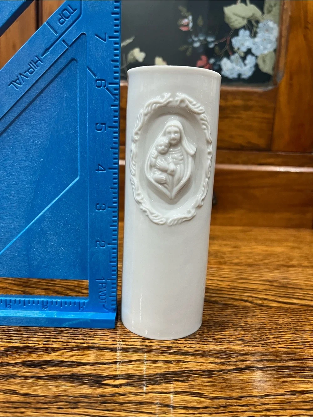White Ceramic Madonna & Child Vase | Religious Home Decor | Embossed Floral